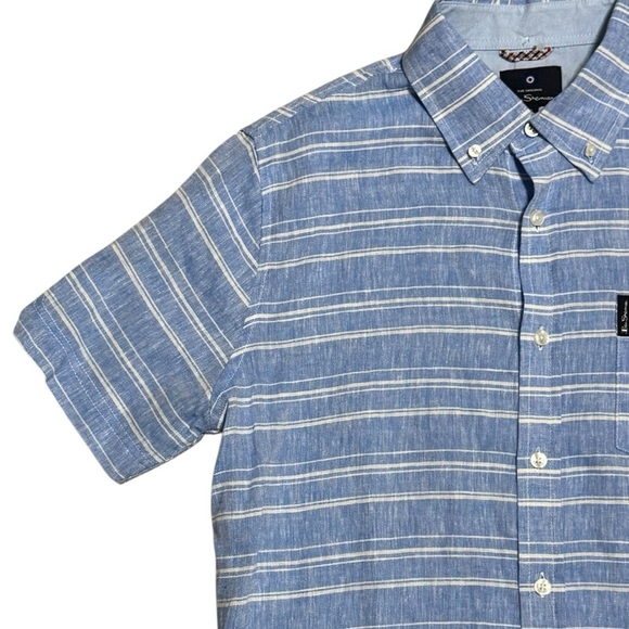 BEN SHERMAN Short Sleeve Stripe Print Linen Regular Fit Shirt, Blue/White, Small - Picture 5 of 5